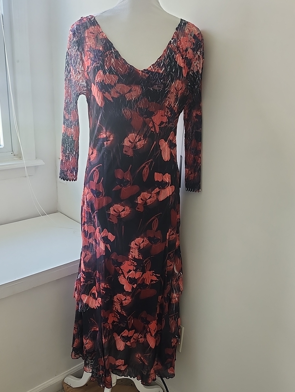 Komarov Floral V-Neck 3/4 Sleeve Pleated A-Line Midi Dress Large NWT NEW